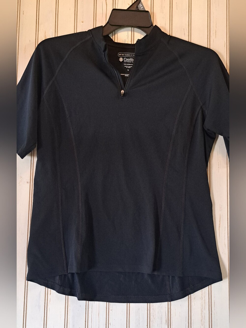 Coolibar Quarter Zip Short Sleeve Sun Shirt UPF 50+ Top Black Freestyle Sz LRG